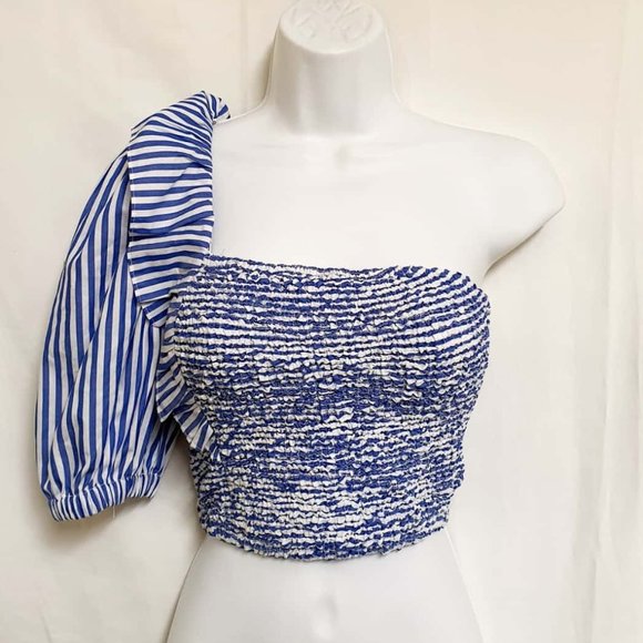 ZARA Blue White Nautical Stripe Shirred Puff Sleeve One Shoulder Crop Top NWT - Picture 4 of 8